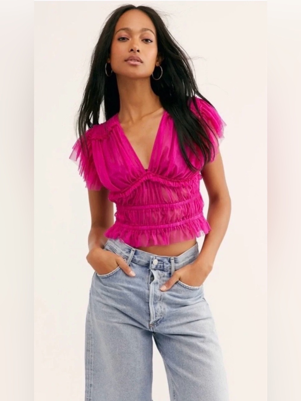Free People Making Me Smile Hot Pink Mesh Coquette Top